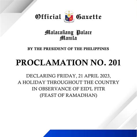 April 21, 2023 a regular holiday for Eid'l Fitr in the Philippines.